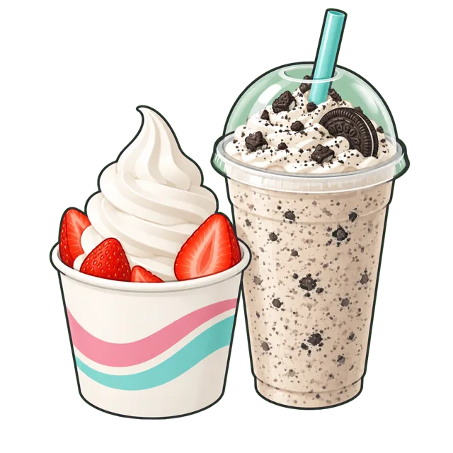 Vaso con helado y fresas junto a un frappe