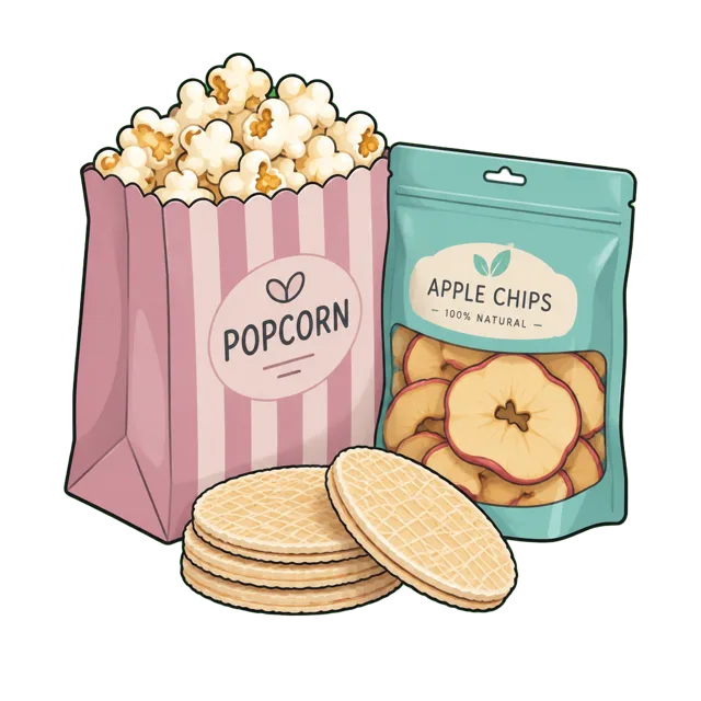 Palomitas, fruta deshidratada y obleas